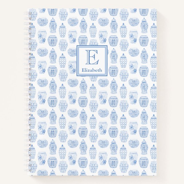 Smart College Girl Blue And White Monogram Notebook (Front)