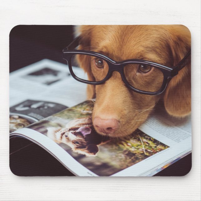 Smart Dog with Glasses on a Book Mouse Pad (Front)