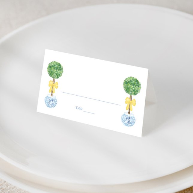 Smart Gender Neutral Boxwood Topiary Spring Shower Place Card (Preppy boxwood topiary with yellow bow place cards for gender neutral baby shower or spring party)