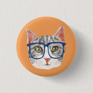 Smart Grey Hipster Tabby Cat Wearing Glasses 3 Cm Round Badge