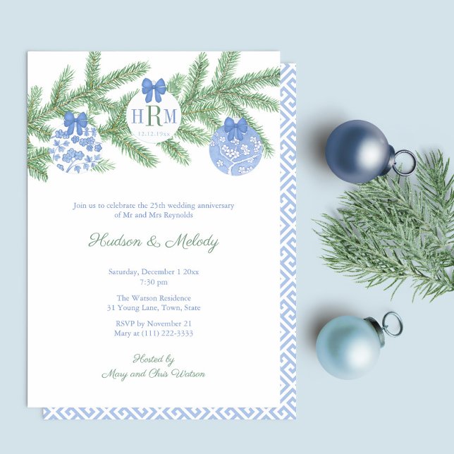 Smart Holidays Monogram Wedding Anniversary Party Invitation (Wedding Anniversary Party Invitation Featuring Fir Tree Branch With Blue And White Baubles)