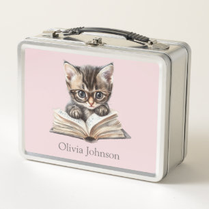 Smart Kitten with Glasses Personalized Metal Lunch Box