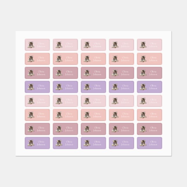 Smart Kitten with Glasses Pink and Lilac Name (Sheet)