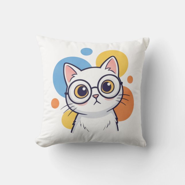 Smart Nerd White Cat Glasses Design Cushion (Front)