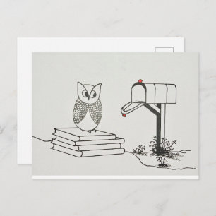 Smart Owl Waits on Stack of Books for Some Mail Postcard