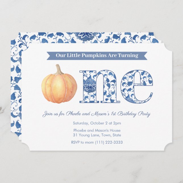 Smart Pumpkin Twins 1st Birthday Party Invitation (Front/Back)