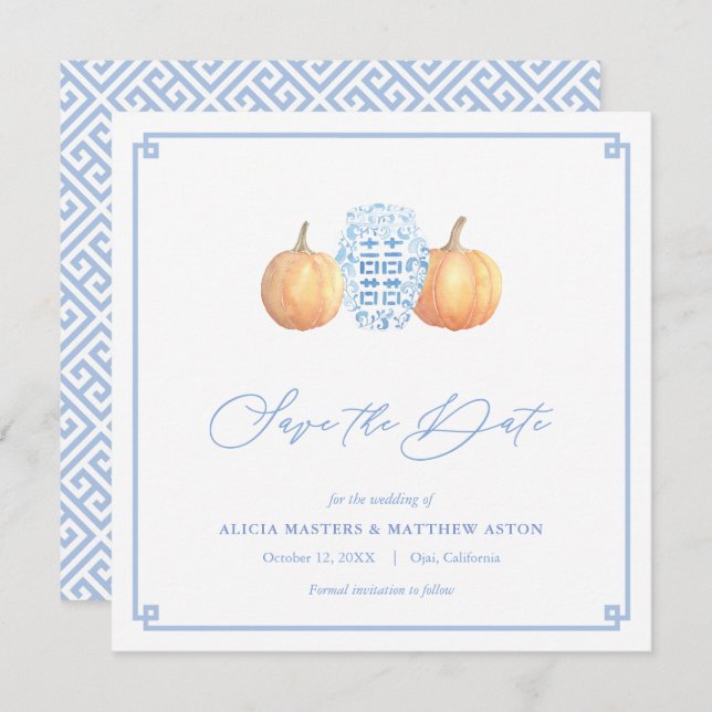 Smart Pumpkins Chinoiserie  Blue And White Wedding Save The Date (Front/Back)