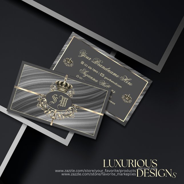 Smart Royal Grey Gold Crown and Monogram Sumptuous Business Card (Creator Uploaded)