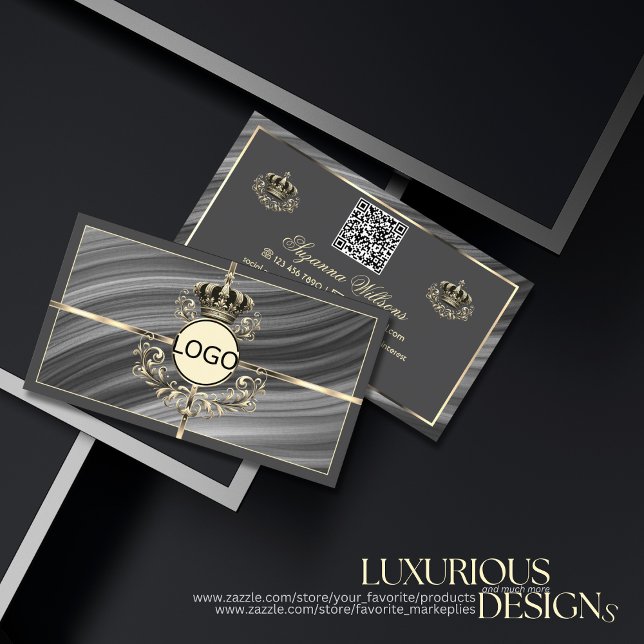 Smart Royal Grey Gold Crown with Logo and QR Code Business Card (Creator Uploaded)