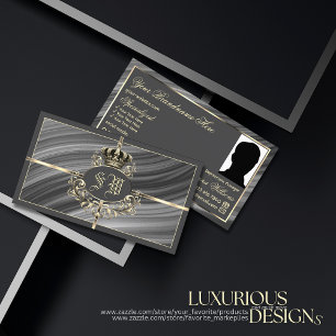 Smart Royal Grey Gold Crown with Monogram Photo Business Card