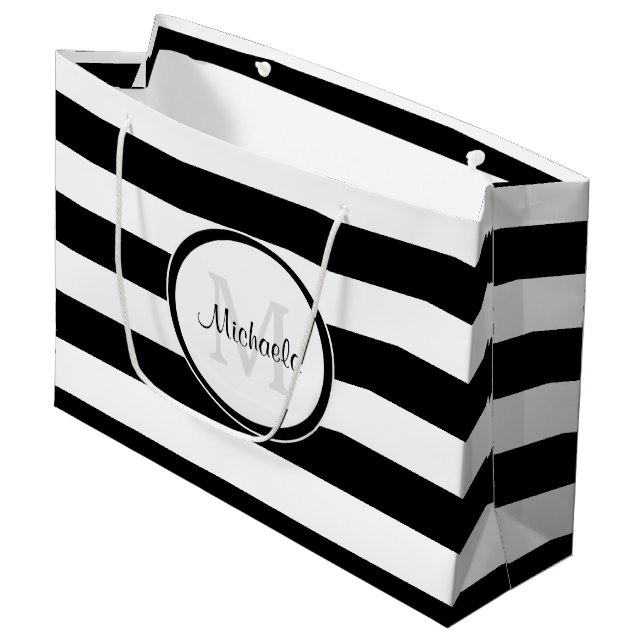 Smart Solid Black and White Stripes With Monogram Large Gift Bag (Front Angled)