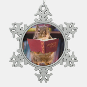 Smart Squirrel Reading a Dictionary Snowflake Pewter Christmas Ornament