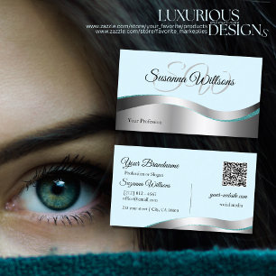 Smart Teal Wavy Silver Decor with Initials QR Code Business Card