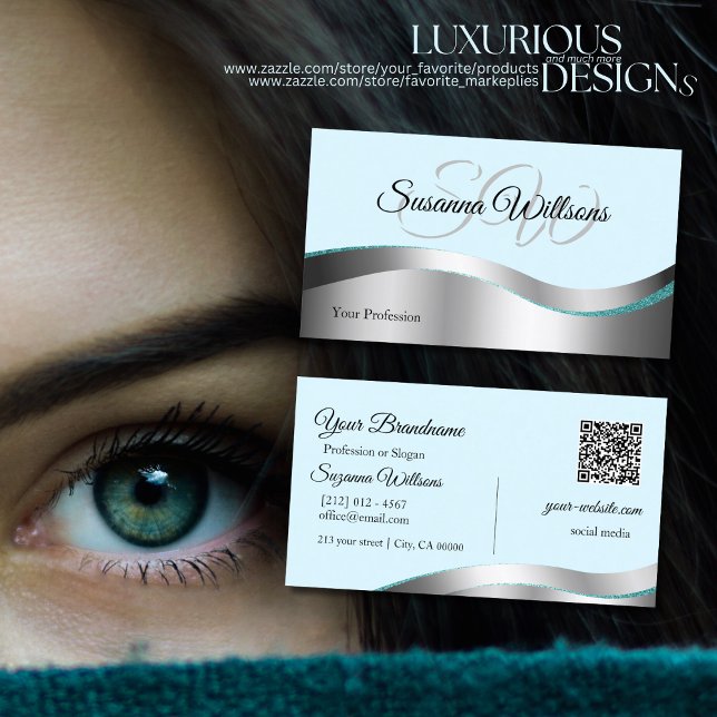 Smart Teal Wavy Silver Decor with Initials QR Code Business Card (Creator Uploaded)