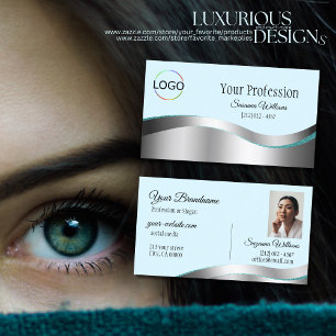 Smart Teal Wavy Silver Decor with Logo and Photo Business Card