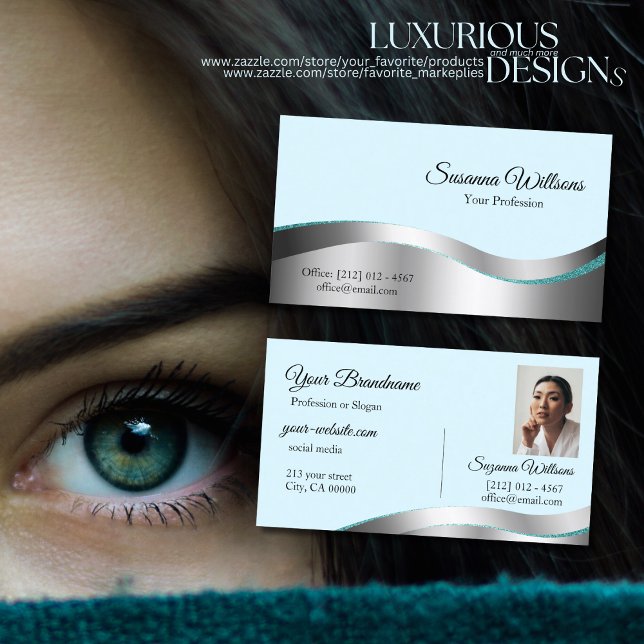 Smart Teal Wavy Silver Decor with Photo Classy Business Card (Creator Uploaded)