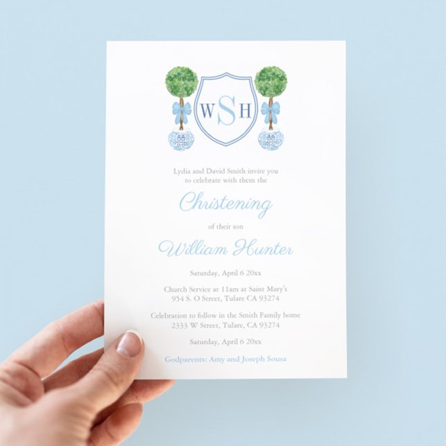Smart Topiary Monogram Boy Christening Party Invitation (Preppy Three Letter Monogram Christening Invitation For Boy With Watercolor Boxwood Topiary Details)