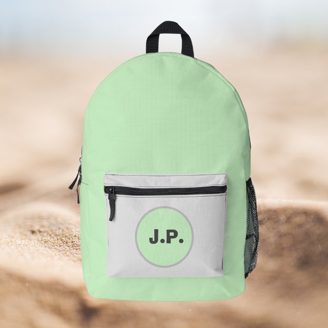 Smart unisex mint and gray personalized printed backpack (Cool unisex monogrammed mint and grey backpack. Ideal for heading to the beach, work or school.)