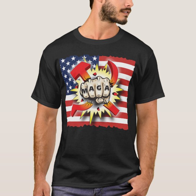 SMASH COMMUNISM Make America Great Again USA Flag T-Shirt (Front)