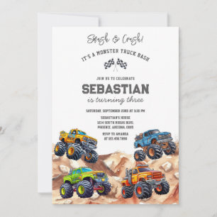 Smash & Crash It's Monster Truck Bash Boy Birthday Invitation