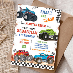 Smash & Crash It's Monster Truck Bash Boy Birthday Invitation