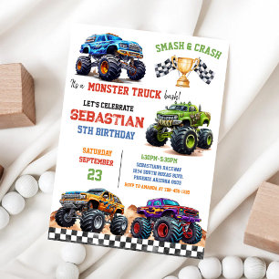 Smash & Crash It's Monster Truck Bash Boy Birthday Invitation