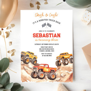 Smash & Crash It's Monster Truck Bash Boy Birthday Invitation