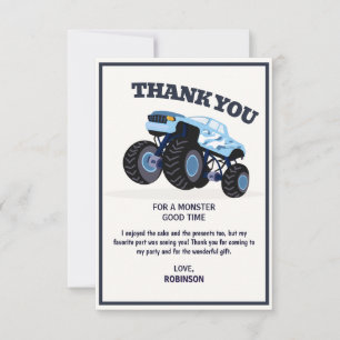Smash Crash- Modern Blue Monster Truck Birthday Thank You Card