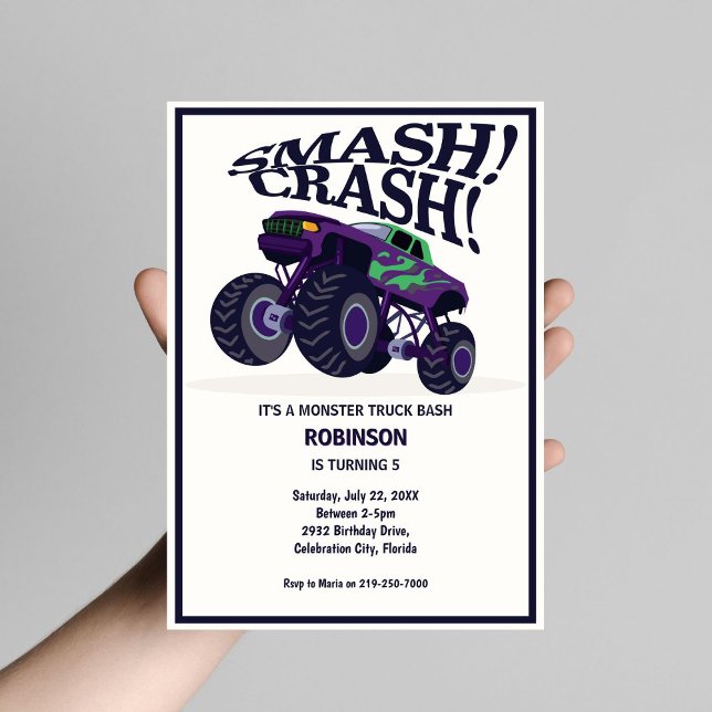 Smash Crash- Modern Purple Monster Truck Birthday  Invitation (Creator Uploaded)