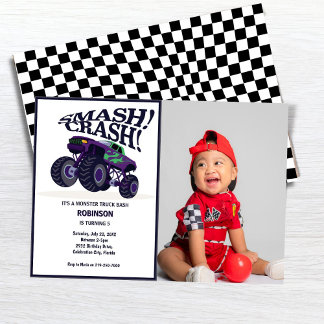 Smash Crash- Modern Purple Monster Truck Photo Invitation