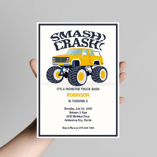 Smash Crash - Modern Yellow Monster Truck Birthday Invitation