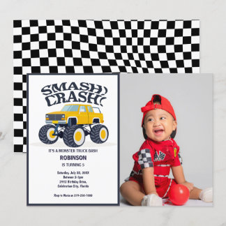 Smash Crash- Modern Yellow Monster Truck Photo Invitation