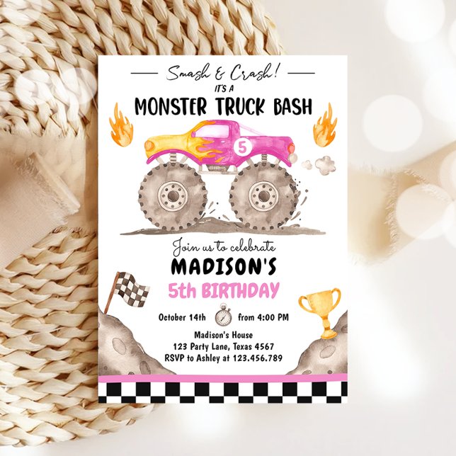 Smash Crash Monster Truck Bash Pink Girl Birthday Invitation (Creator Uploaded)