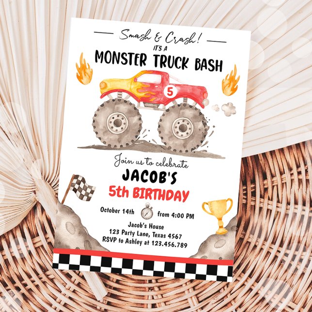 Smash Crash Monster Truck Bash Red Boy Birthday Invitation (Creator Uploaded)