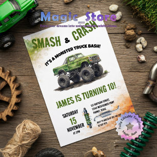 Smash & Crash Monster Truck Watercolor Birthday Invitation