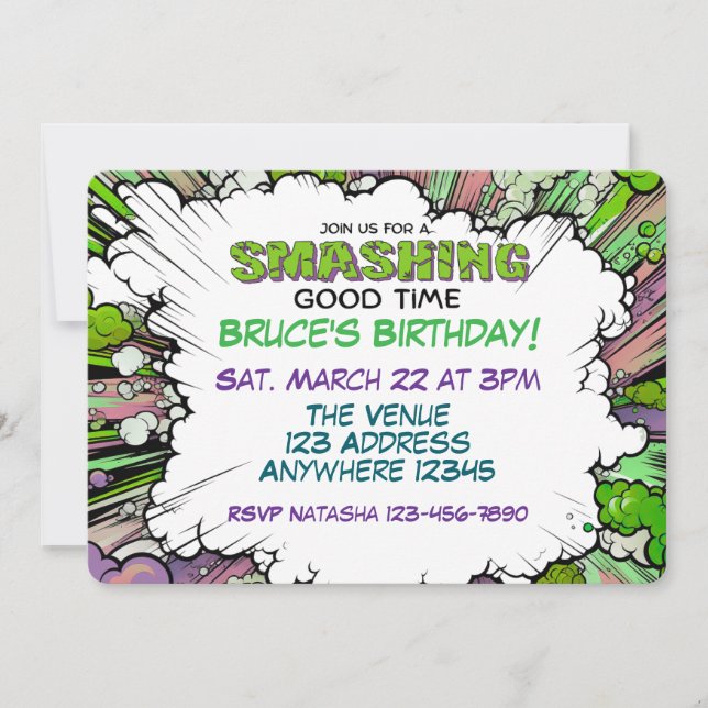 Smashing Green Purple Comic Birthday Invitation (Front)