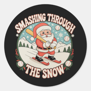 Smashing Through The Snow Baseball Santa Christmas Classic Round Sticker
