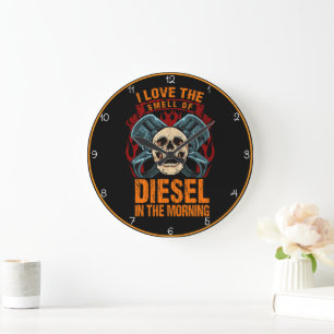 Smell of Diesel" Skull Piston Large Clock