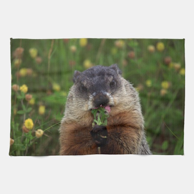 Smelling Spring Groundhog Tea Towel (Horizontal)