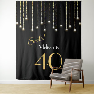 Smile 40th Birthday Black Gold Photo Backdrop Tapestry