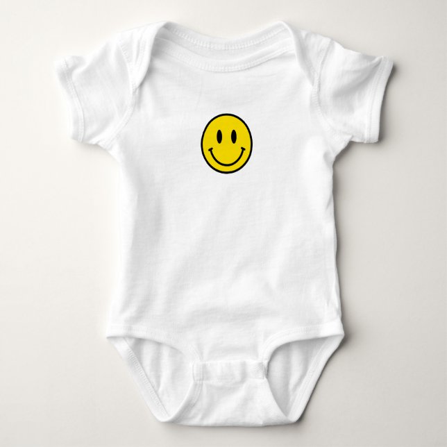 Smile Baby Happy Love Yellow Black white Emoji Fun Bodysuit (Front)