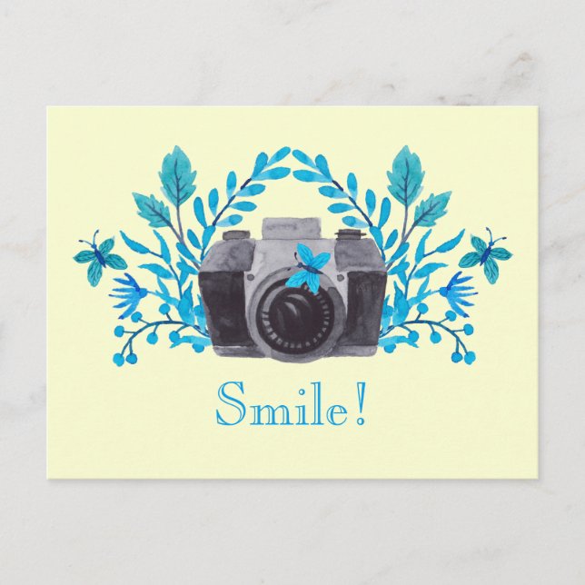 Smile! Camera With Blue Leaves And Butterflies Postcard (Front)