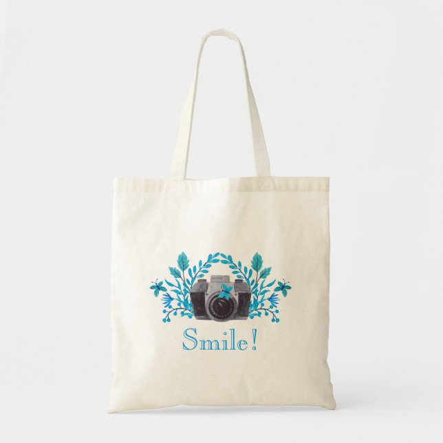 Smile! Camera With Blue Leaves And Butterflies Tote Bag (Front)