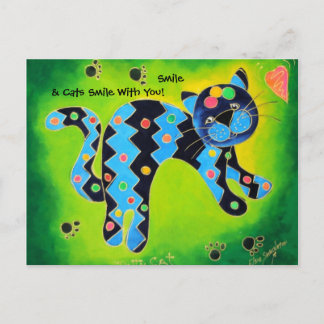 Smile & Cats Smile With You!-Cheerful Green Kitty Postcard