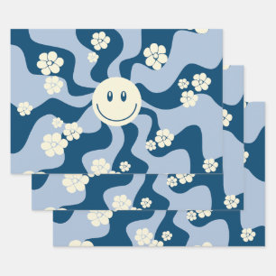 Smile - Dark Blue, Light Blue and Cream Wrapping Paper Sheet