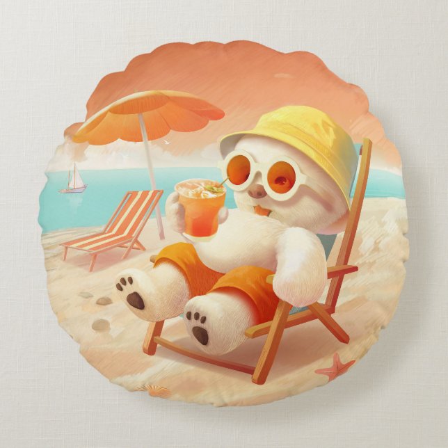 Smile Dog – Beach Mode On Round Cushion (Front)