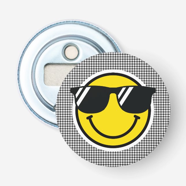 Smile Emoji Happy Face Sunglasses Gingham Fun Bottle Opener (Front)