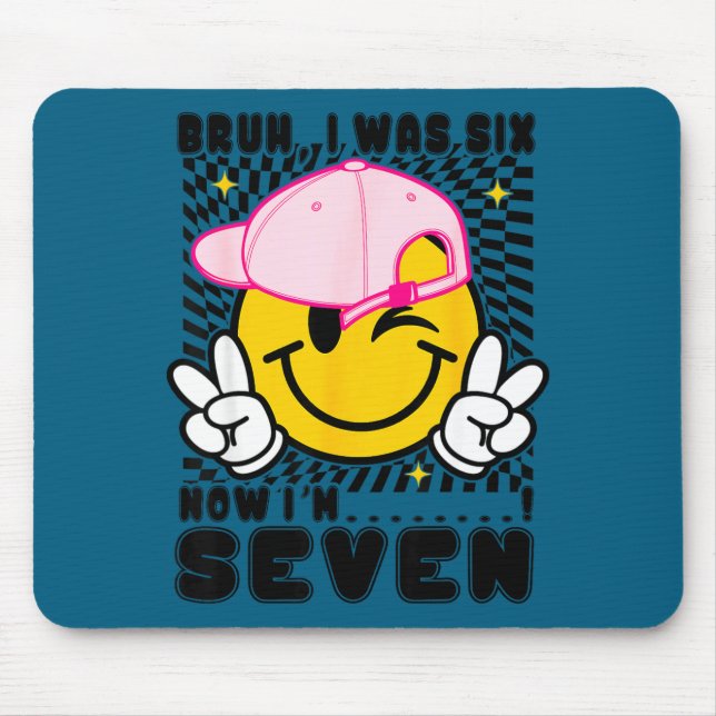 Smile face 7th birthday was 6 7 checkered bruh mouse pad (Front)