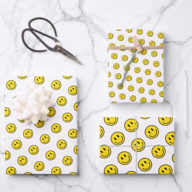 Smile Face Emojis Happy Yellow Polka Dot Fun Wrapping Paper Sheet (Front)
