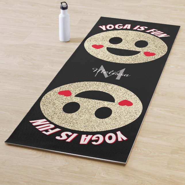 Smile face sparkles hearts Yoga is fun Monogram Yoga Mat (In Situ)